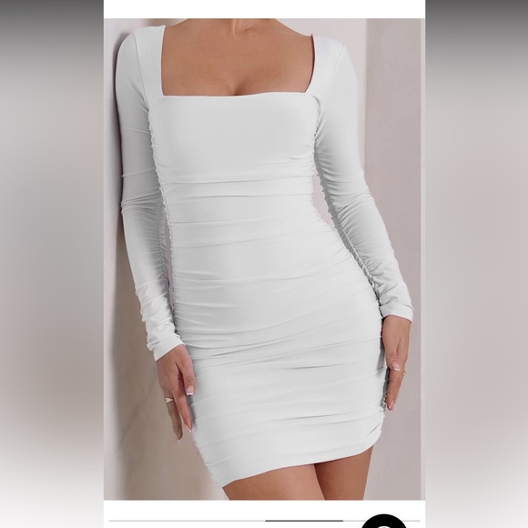 Club London / Club L MUSE 
WHITE LONG SLEEVE SQUARE NECK RUCHED MINI DRESS UK 14 - Picture 3 of 6